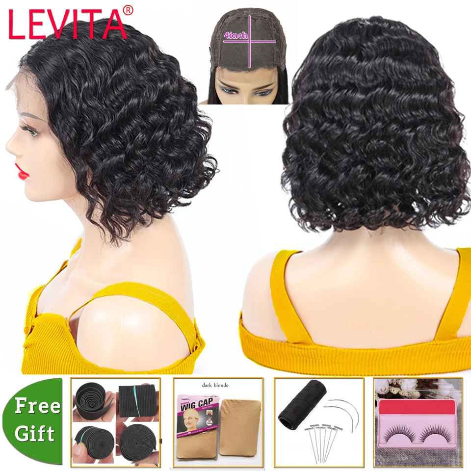 

deep wave wig 4x4 lace closure wig short bob lace wig pixie cut wig cheap Brazilian natural human hair Wigs for women non-remy