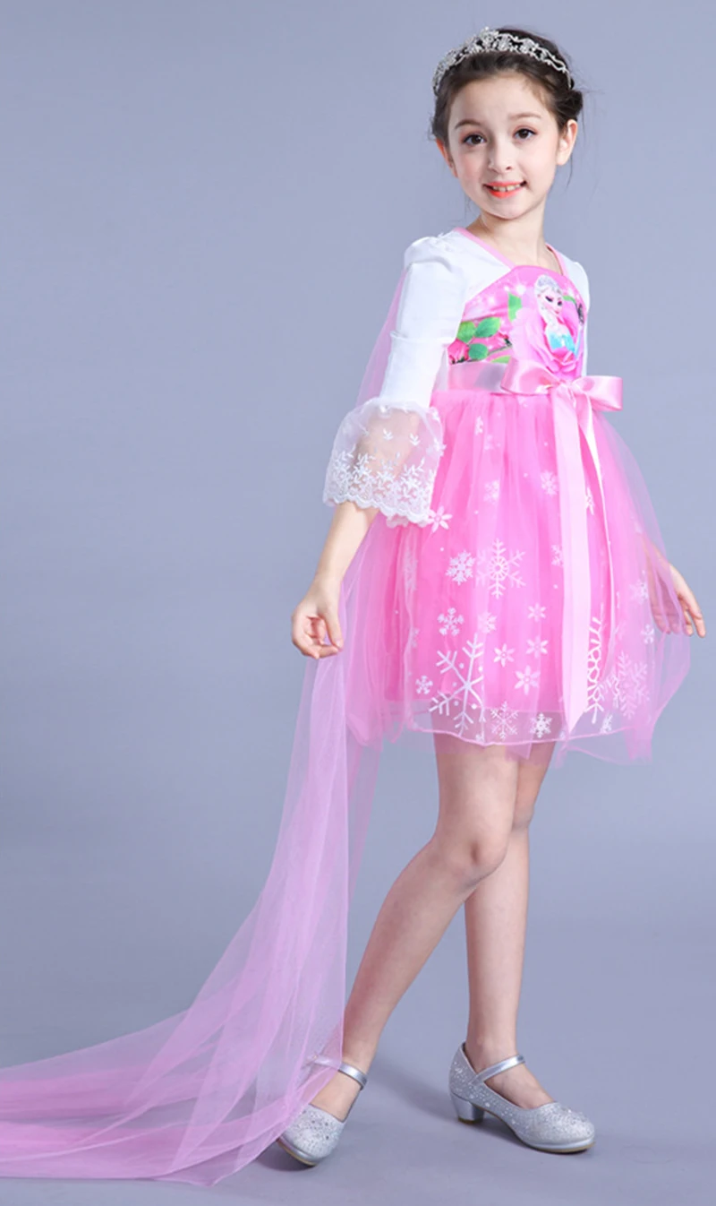 Розовые платья Эльзы для девочек; детское кружевное платье принцессы с героями мультфильмов; вечерние платья для малышей и подростков; Vestidos; детское осеннее рождественское платье «Холодное сердце»; 2