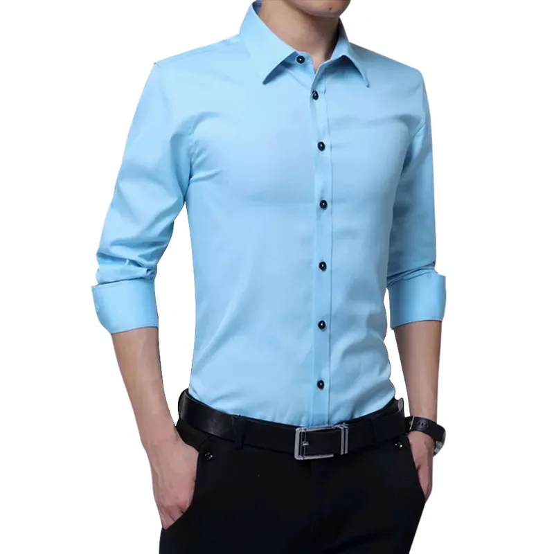 light blue Новая повседневная однотонная мужская рубашка с длинным рукавом, тонкая версия, мужская деловая рубашка, брендовая мужская одежда с пуговицами - Цвет: light blue