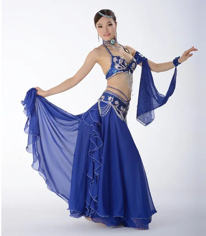 Royal blue 12 цветов Одежда для танца живота Женская танцевальная одежда для восточных танцев Одежда с бюстгальтером юбка пояс костюм для танца живота 3 шт - Цвет: Royal blue
