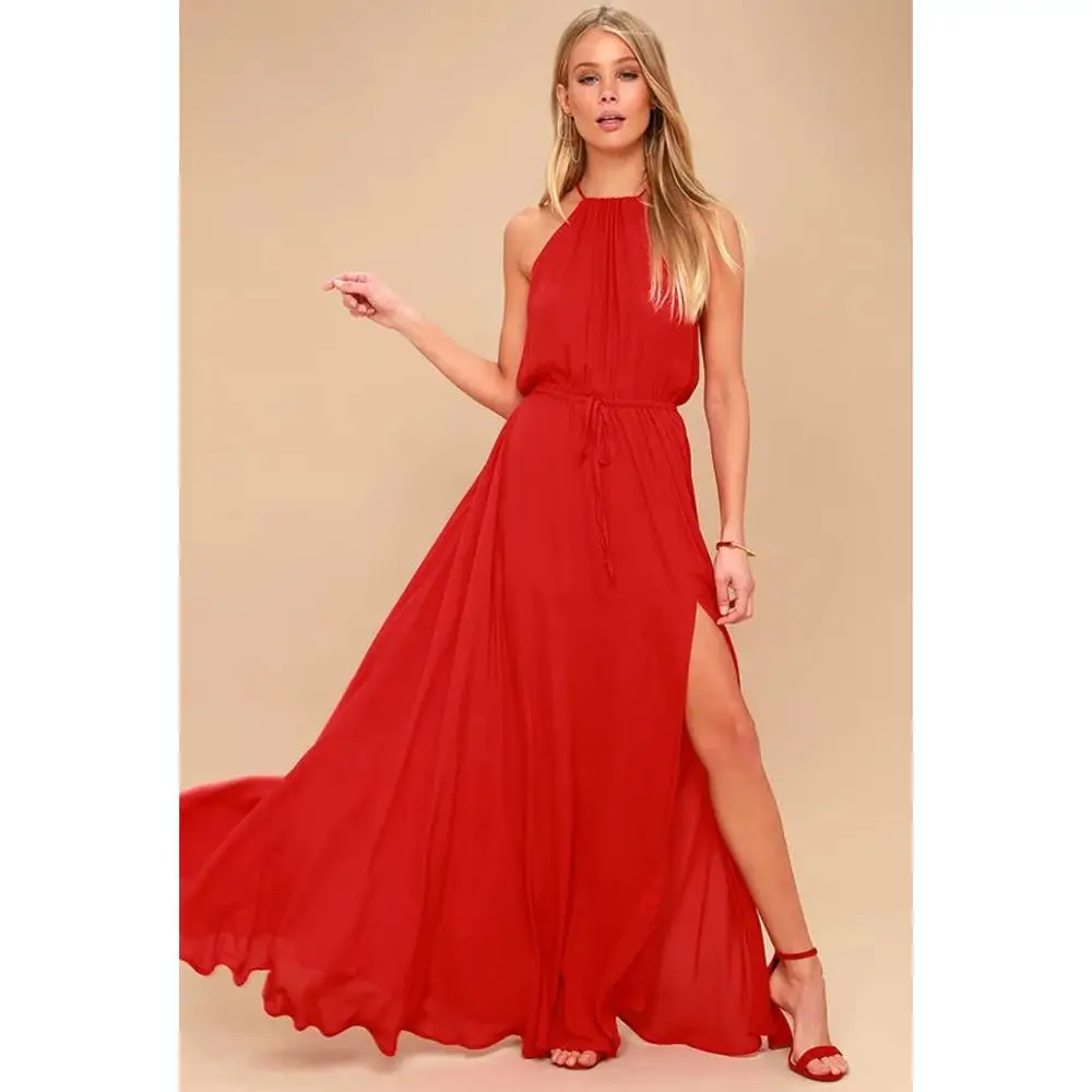 Fall Maxi Long Party Dresses For Women Halter Neck Vintage Sleeveless High Split Boho Dress Summer Sexy Beach Vestidos | Женская одежда