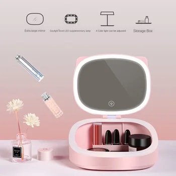 

Travel Makeup Cosmetics Organizer With LED Lights Makeup Mirror Tools 2 In 1 Portable Makeup Storage Box Case