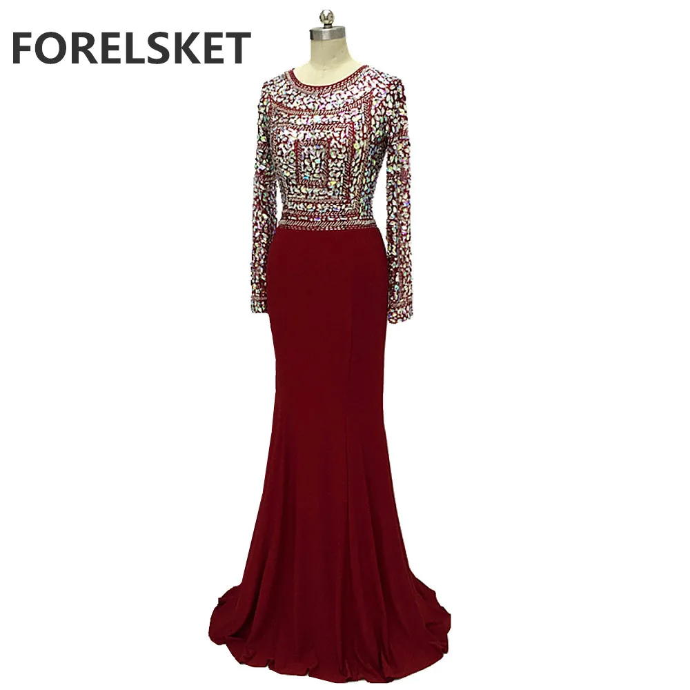 

O-Neck Beading Jersey Mermaid Prom Dresses Long Sleeve 2020 Illusion Crystal Burgundy Spandex Sequined Formal Evening Party Gown