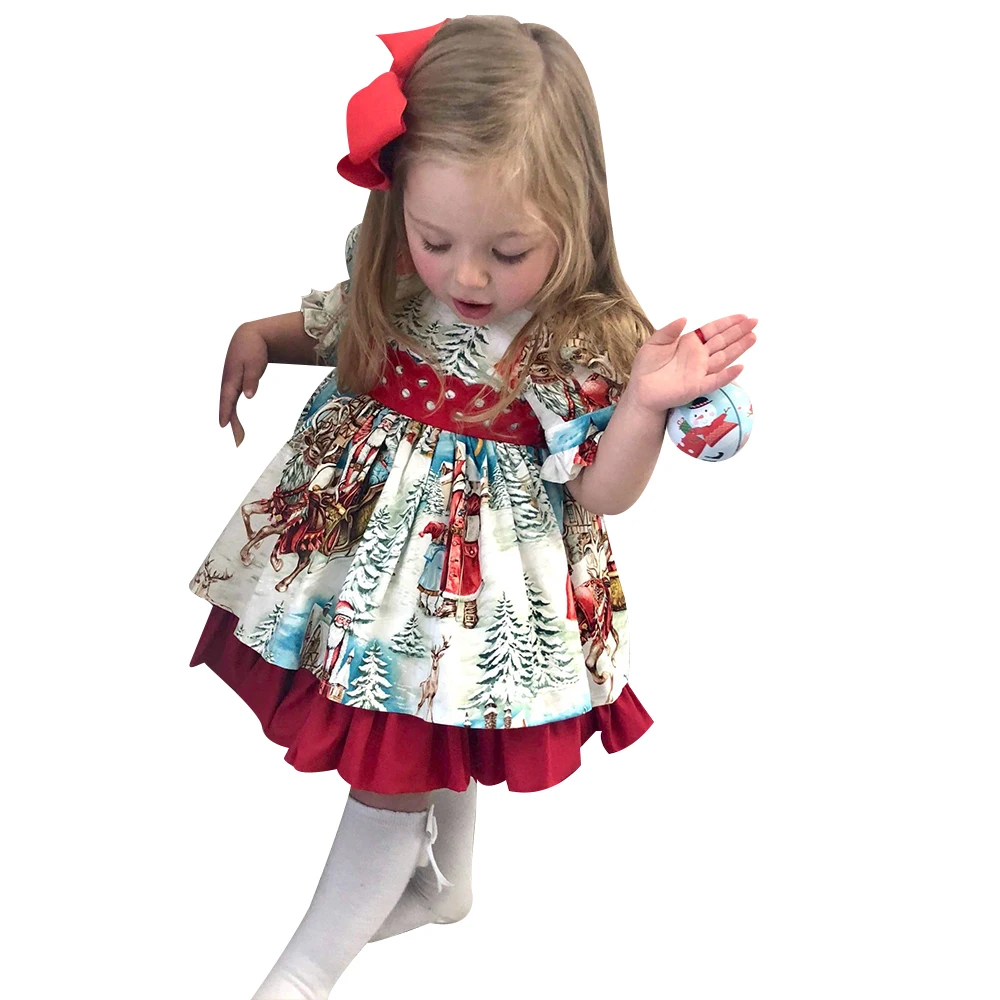Милое детское красное платье для маленьких девочек; роскошное рождественское праздничное платье принцессы с принтом Санты; осенний костюм с бантом; D20