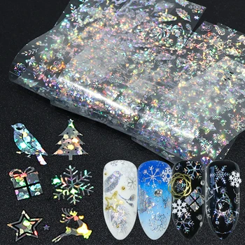 

8pcs Christmas Foils For Nail Holographic Laser Nails Transfer Foil Wraps Sticker Clear/Black Starry Tip Snowflake Elk Set SAA21