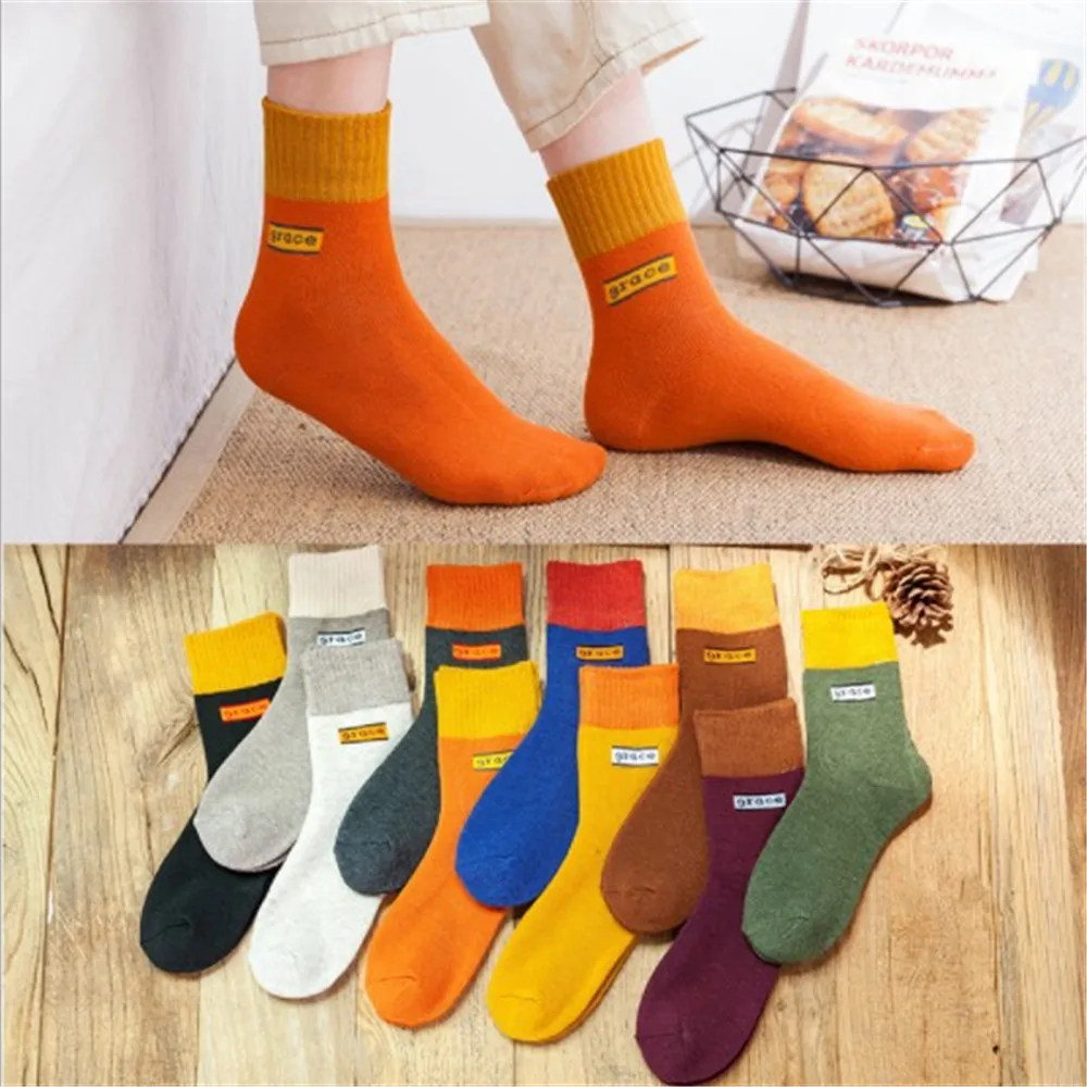 Женские японские повседневные хлопковые носки, женские осенние и зимние теплые повседневные носки без пятки с сочетающимися цветами и буквами