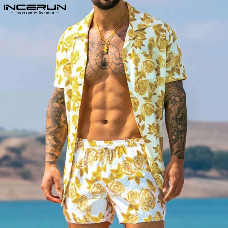 Men Hawaiian Sets Printing 2023 Summer Short Sleeve Button Shirt Beach Shorts Streetwear Casual Mens Suit 2 Pieces S-3XL INCERUN