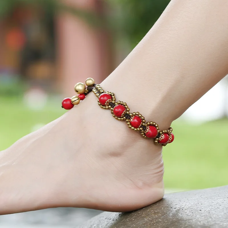 Bohemian Handmade Natural Stone Bells Pendant Anklet Chain For Women Beach Ethnic Foot Chain Charms Jewelry