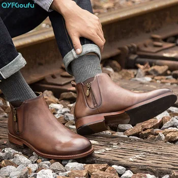 

QYFCIOUFU Men Zipper Boots High Quality Man Chelsea Boots Male Genuine Leather Men Casual Ankle Boots Men Vintage Boots Shoes