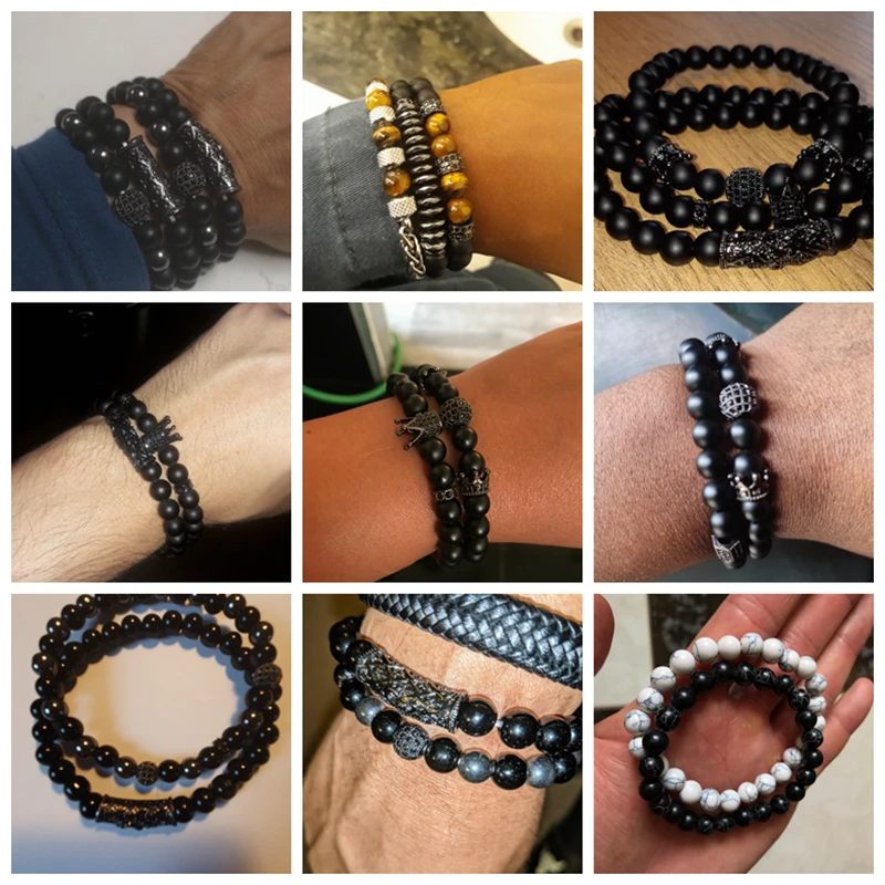 GolbalJew 2pcs Bead Bracelet Men Natural Tiger Eye Hematite Obsidian Beaded Bracelets Homme Energy Stretch Bracelet Men Jewelry bracelet jewelry