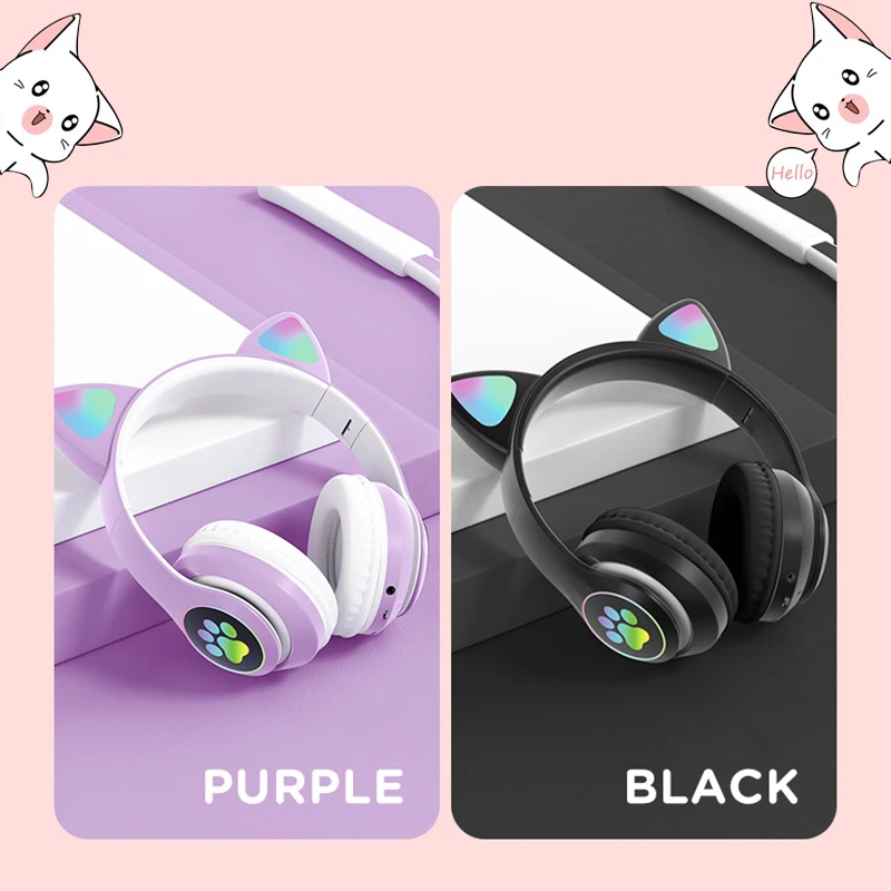 Casque Bluetooth sans fil Cute Cat, casque gamer avec microphone et câble  audio et LED RVB lumineuse