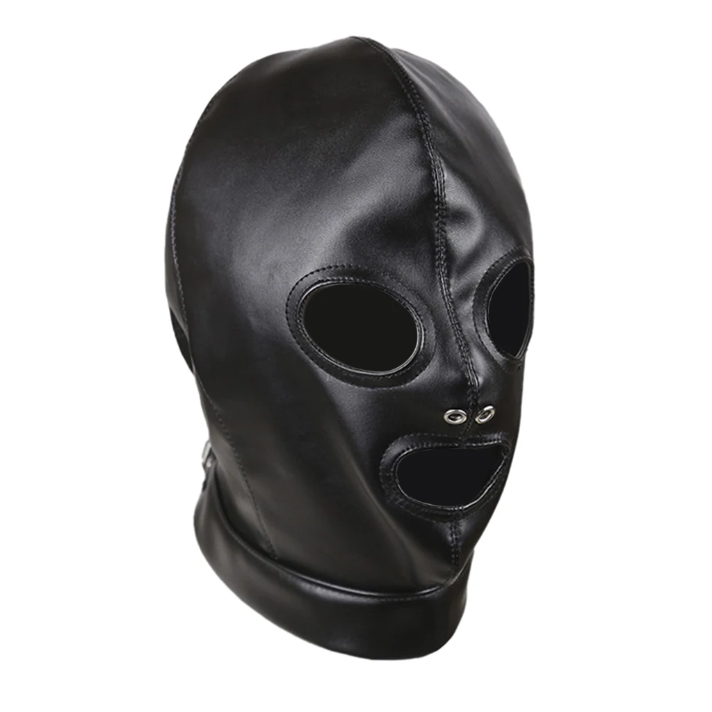 Unisex Adult Black Faux Leather Hood Mask Lace Up Full Head Face Cover Toys