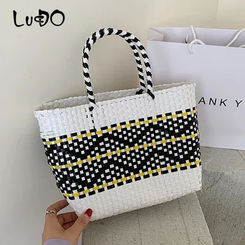 

LUCDO Summer Beach Basket Bag Capacity Heavy Duty Handmade Woven Pp Plastic Handbag Green Plaid Checks Teacher Tote Shopping Bag