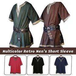 Medieval Viking Pirate Shirts Knight Warrior Tops Steampunk Renaissance Short Sleeve Tunic Norman LARP Tops Cosplay Costume