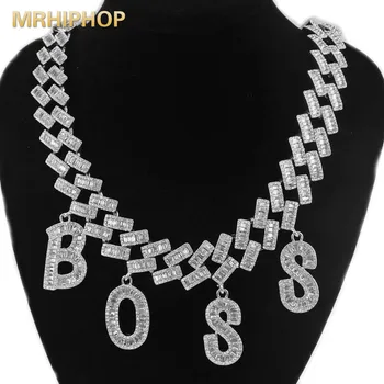 

hip hop necklace iced out full cz Baguette initial boss charm rapper jewelry Gold big size 23mm link cuban chain letter Men's