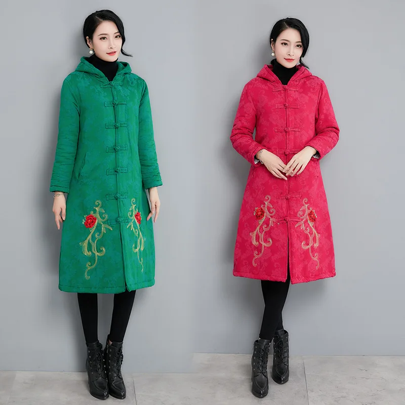 

2019 Winter New Style Ethnic-Style Large Size Cotton Linen Industrial Embroidery Mid-length Hooded Frog Cotton Overcoat Women's