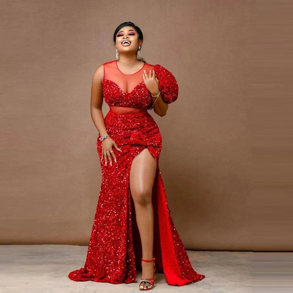 African Red Sequined Mermaid Prom Dresses Aso Ebi Style Plus Size Side Split Evening Gowns Sheer Neck Formal Party Dress