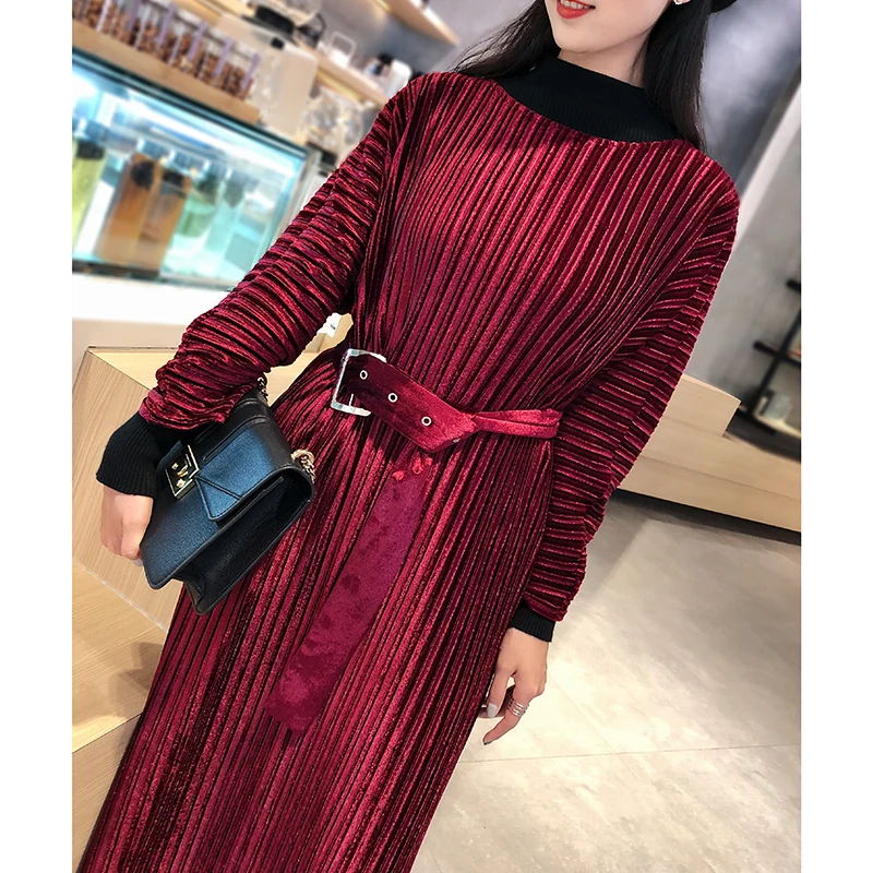 Miyake Плиссированное бархатное платье, женское Плиссированное модное тонкое платье с длинным рукавом, длинное платье, vestido, женская одежда, элегантное платье - Цвет: Бургундия