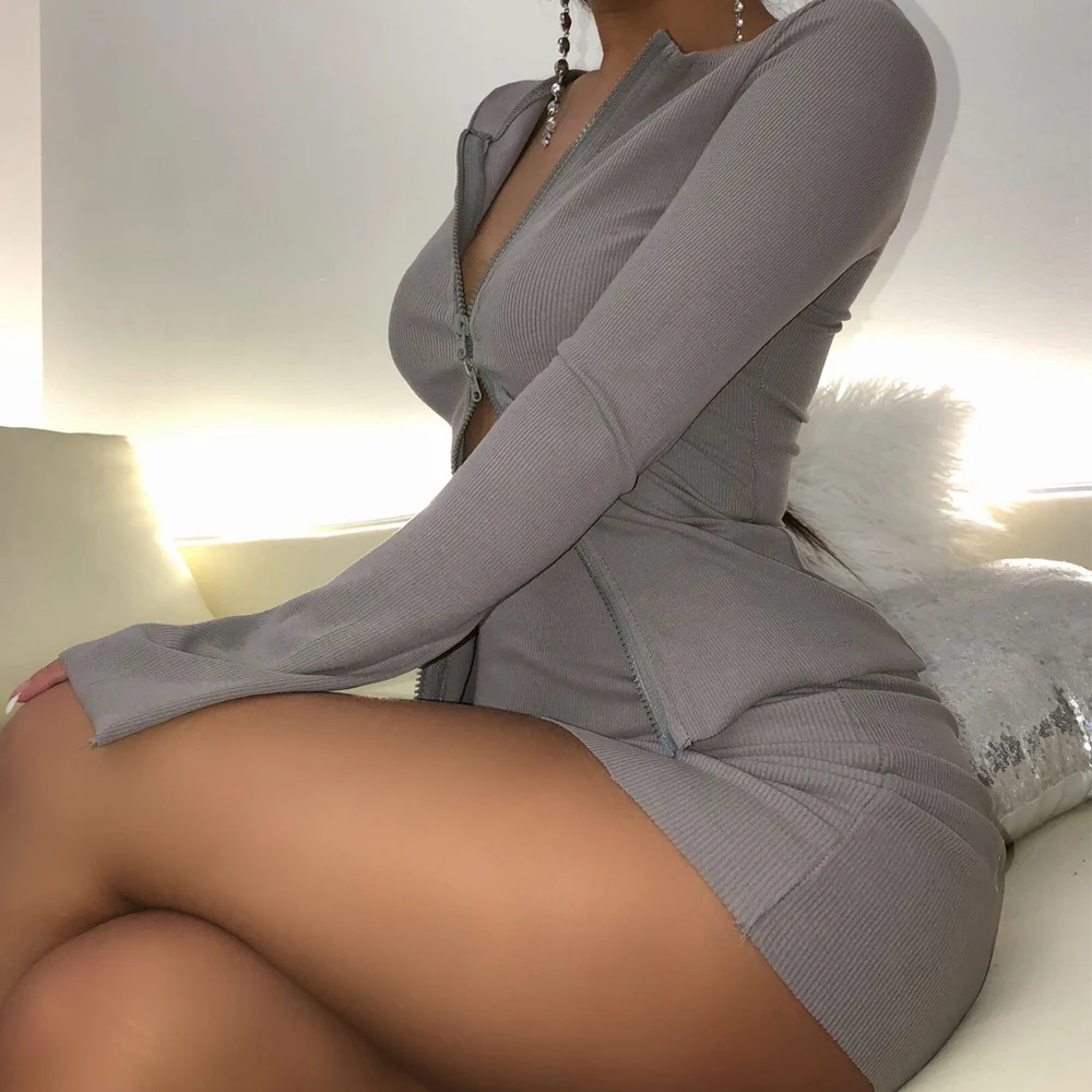 

KGFIGU 2020 Women's gray deep V-neck open chest, open navel short mini dress, tight and hip lifting Sexy Long Sleeve Dress