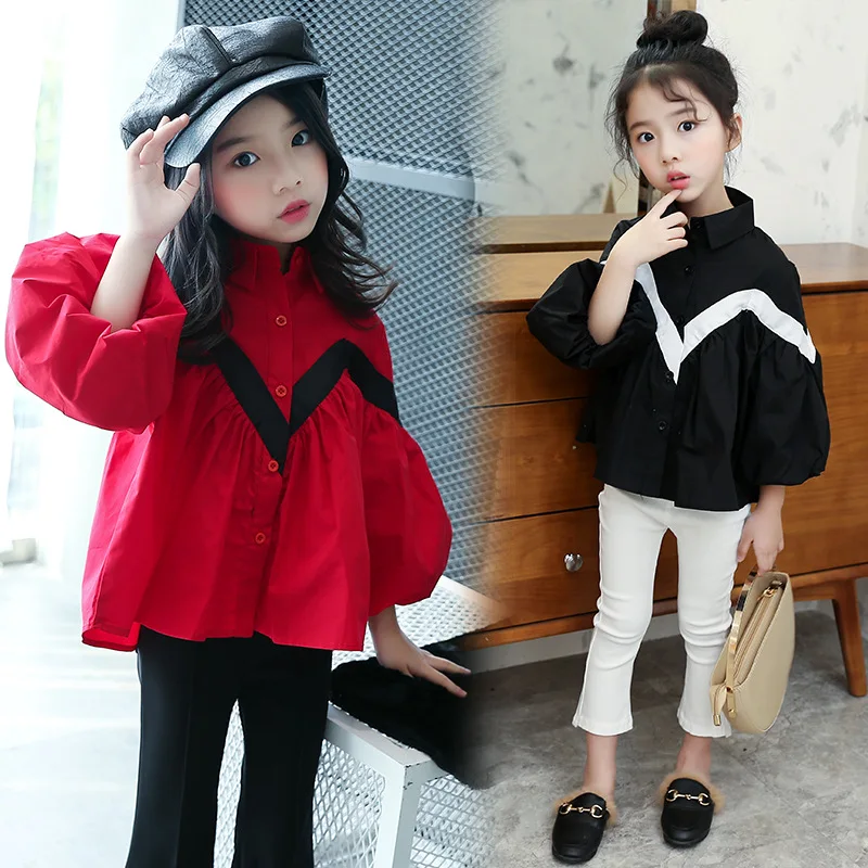

Childrenswear 2019 Spring New Style Girls Long Sleeve Lapel Shirt Korean-style Big Boy Mixed Colors Lantern Sleeve Tops