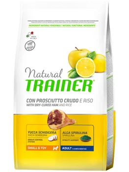 

TRAINER TRAINER NATURAL SMALL & TOY DRY-CURED HAM & RICE for adult dogs of small breeds with jerked ham and rice