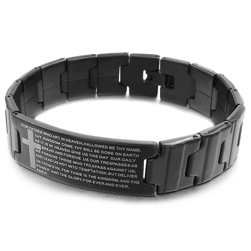 В форме Креста на английском языке текстами и сюжетами из Библии и изображением Иисуса Христа вдохновляющие Браслеты нержавеющей стали ID Religous Писания ювелирные украшения с христианской символикой, Для мужчин Муж папа