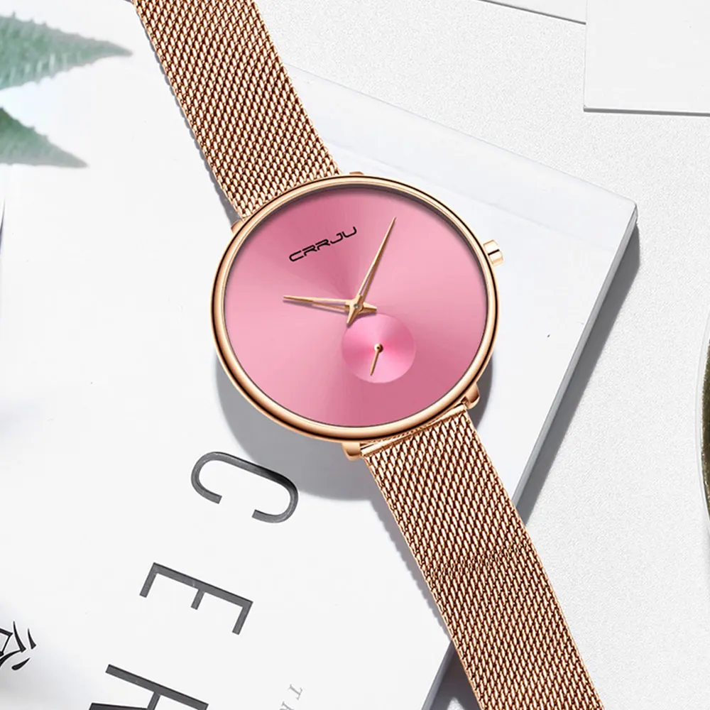 CRRJU, женские часы, Топ бренд, роскошные женские часы с сетчатым ремешком, ультра-тонкие часы, нержавеющая сталь, водонепроницаемые часы, кварцевые часы, Reloj Mujer
