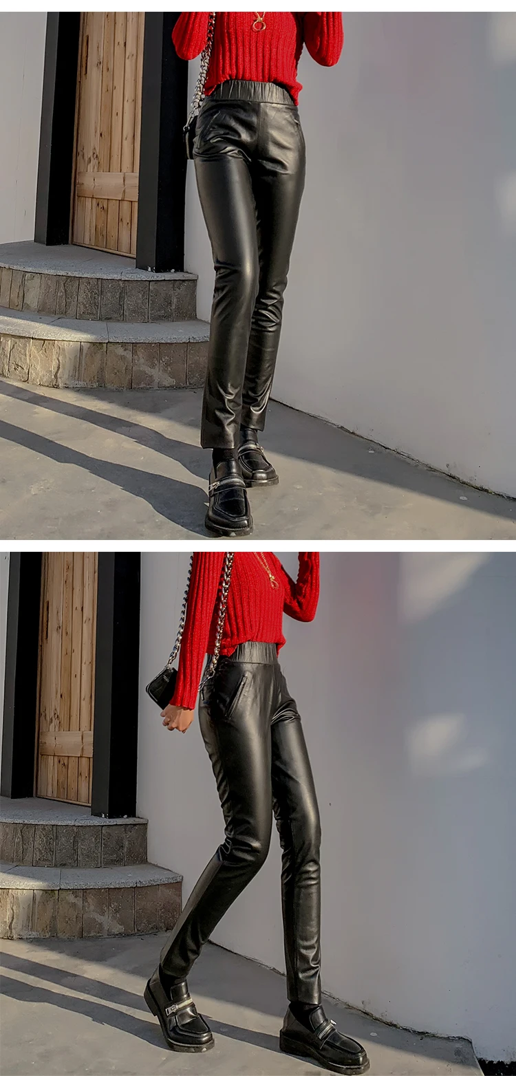 Брюки из натуральной кожи, минималистичные, Highstreet Moto, высокая талия, овчина, узкие брюки, женские, Осень-зима, одноцветные, облегающие брюки