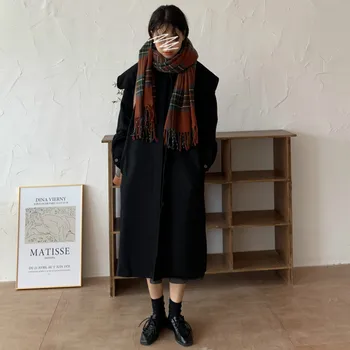 

Women Autumn Winter Vintage Cashmere Long Overcoat Big Turn Down Collar Straight Black Coat Single Breasted Plus Size Jacket