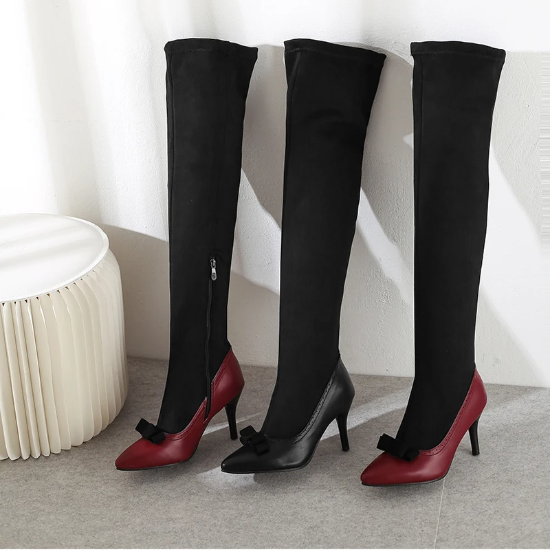 Kcenid Autumn winter thigh high stretch boots pointed toe bowtie over the knee boots party prom shoes women long boots new