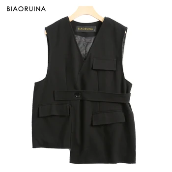 

BIAORUINA Women's Vintage V-neck Asymmetric Vest Coat with Sashes Female Classic Loose Simple All-match Vest Jacket
