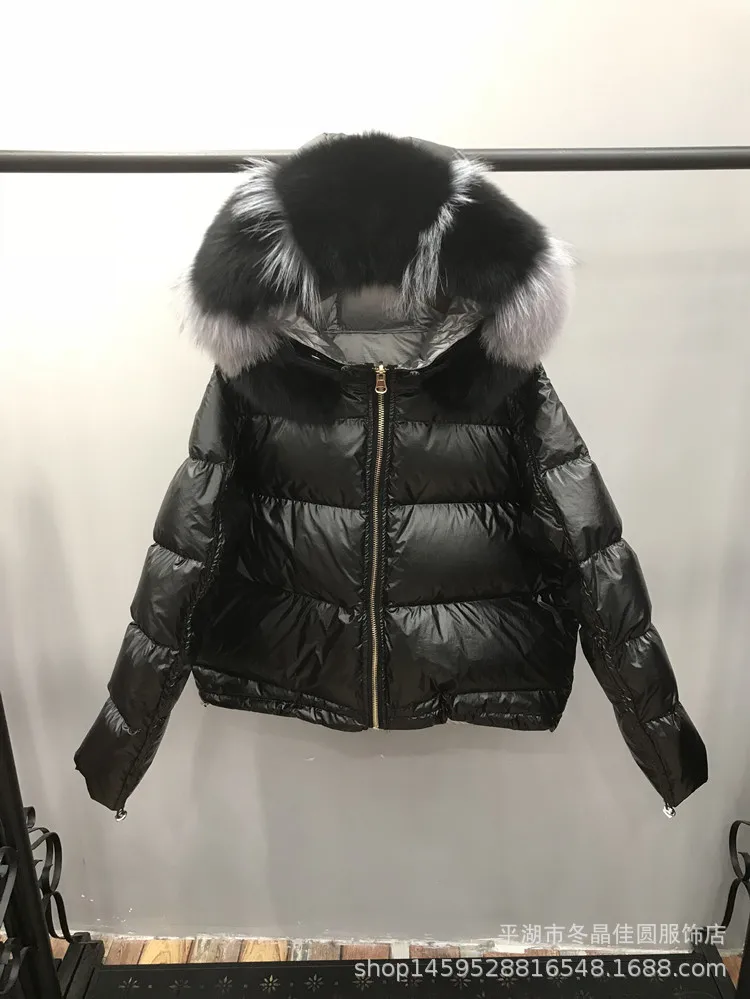 Korean-style New Style Bright Surface Double-sided Wear down Jacket Women's Short Reversible Fox Fur Thick Loose-Fit down C