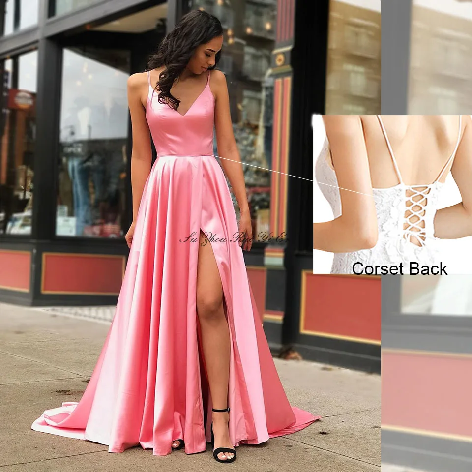 Robe De Soiree очаровательные розовые платья с v-образным вырезом для выпускного вечера боковое платье с разрезом для выпускного вечера корсетом сзади ТРАПЕЦИЕВИДНОЕ атласное длинное платье vestido de festa