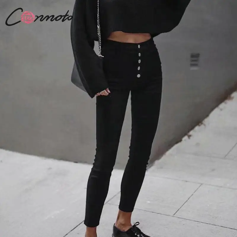 Conmoto/ Зимние Повседневные черные брюки; mujer; брюки с высокой талией; mujer; Узкие Модные осенние брюки на пуговицах