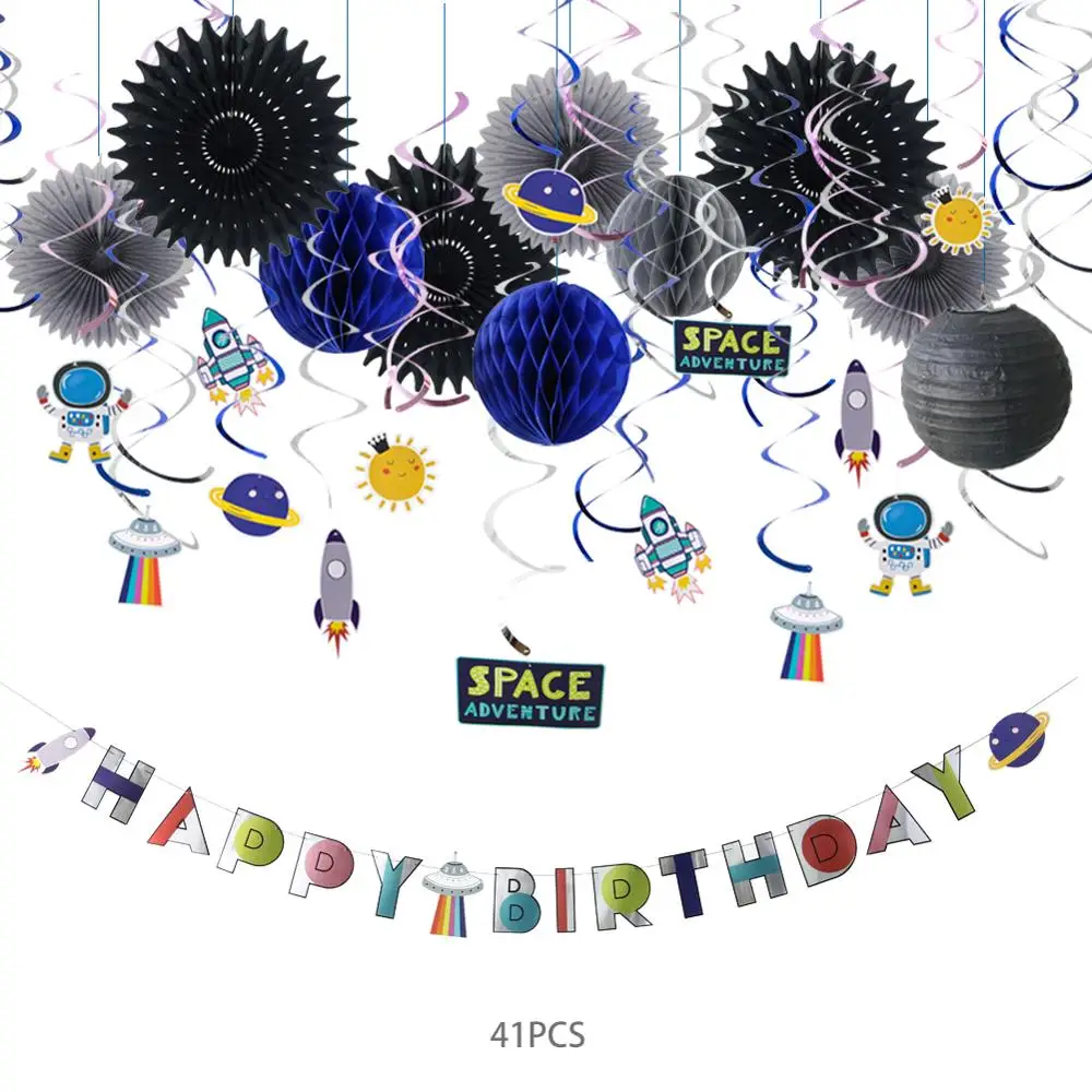 

12pcs Outer Space Theme Birthday Party Decoration Favors Astronaut Rocket Ship Spiral Hanger Decor Foil Balloons Boy Kids Party