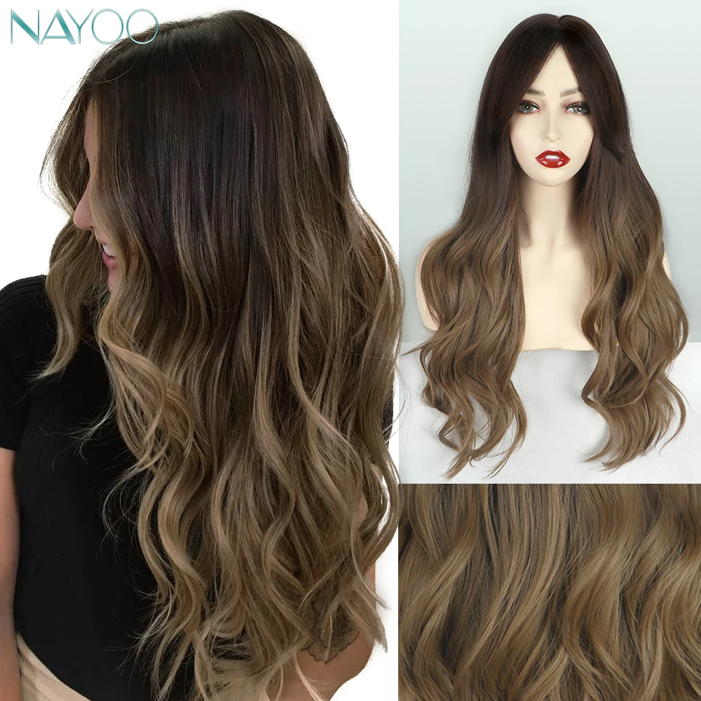

Nayoo Hair Long Dark Brown Wavy Synthetic Wigs Ombre Brown Long Wavy Dark Roots Cosplay Wig For Women Party Hair Heat Resistant