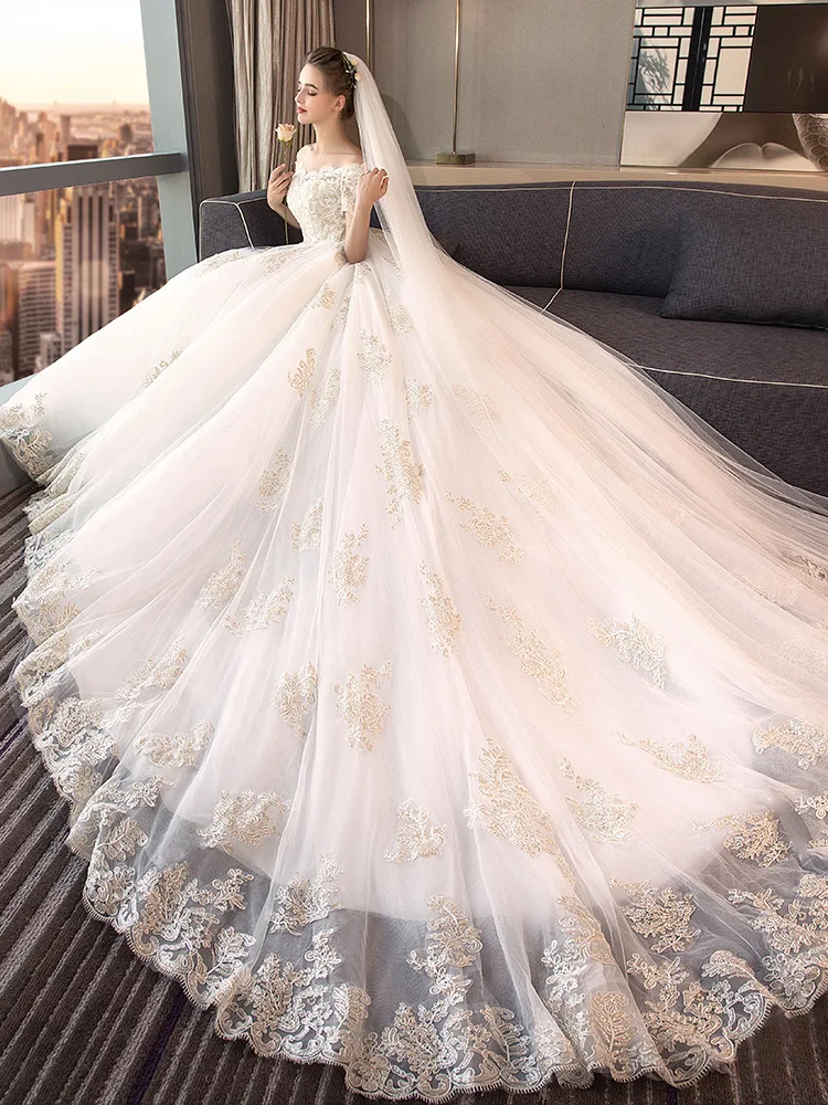 С открытыми плечами свадебная одежда новая невеста принцесса Простой Большой настраиваемый кружева Повседневное платье