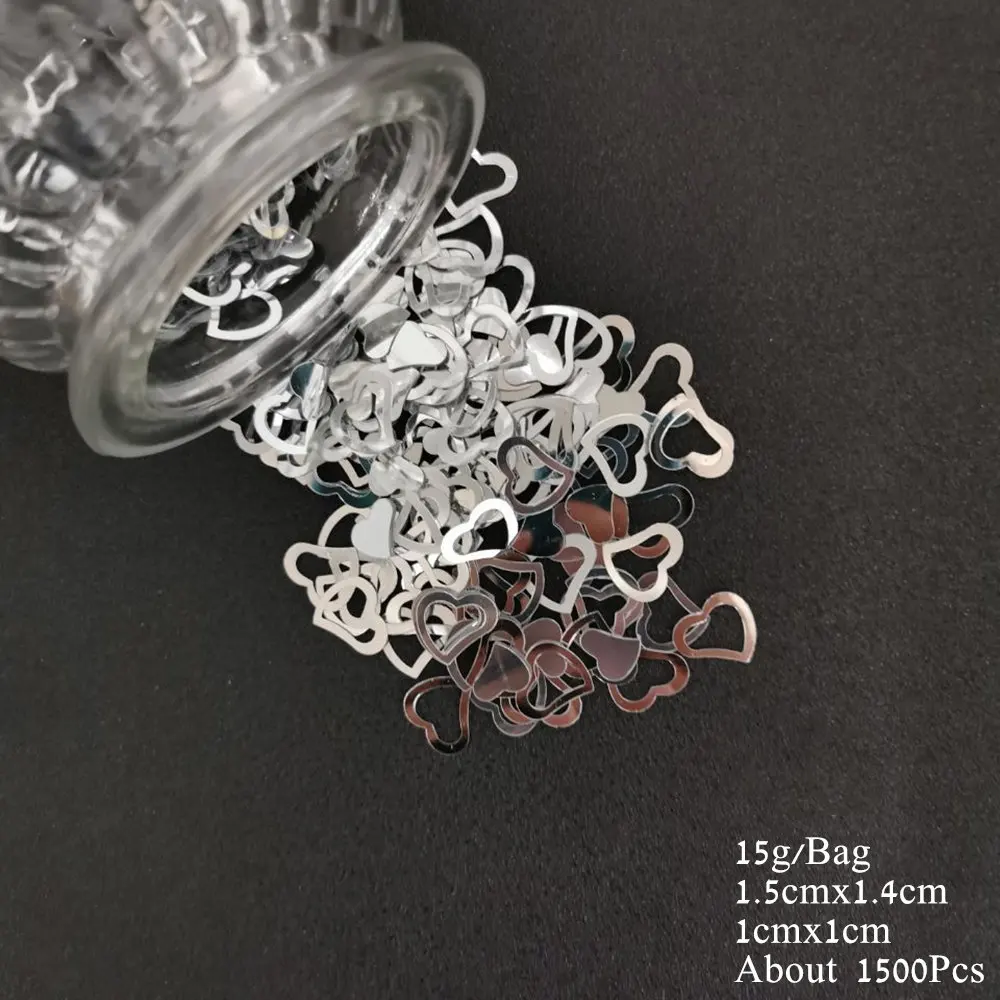 15mm Heart Silver 15 г Свадебное Сердце Конфетти Velentine сердце с любовью Красный Золотой Серебряный Сердце Конфетти блесток DIY свадьба день рождения поставки - Цвет: 15mm Heart Silver