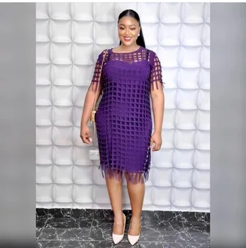 

2 Piece Set Chiffon Plaid T Shirt Dress and Spaghetti Strap Dresses Women African Clothes Dashiki Tassel Beads Vestidos Suits