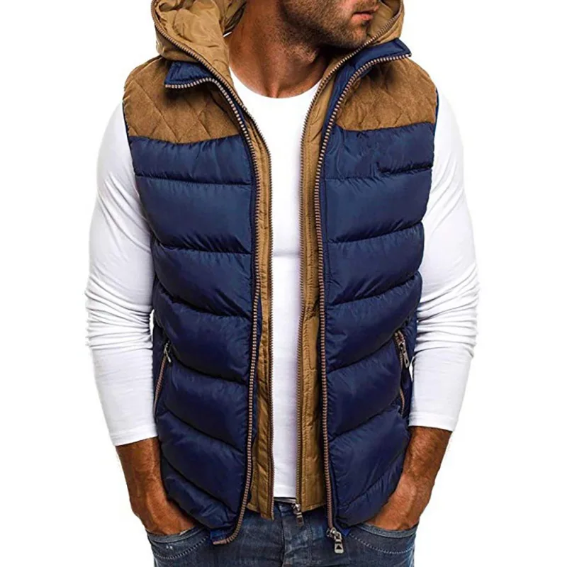 Мужская куртка без рукавов с капюшоном, мужская осенне-зимняя пуховая жилетка с капюшоном, теплая куртка без рукавов, жилетка с лоскутной молнией, тонкое пальто - Цвет: Тёмно-синий