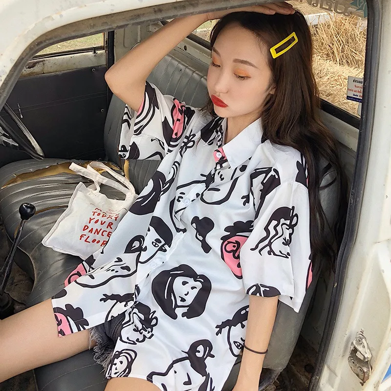 Корейский стиль, blusas mujer de moda, мультяшный рисунок лица, отложной воротник, Рубашки, Топы на пуговицах, Свободная блузка для женщин