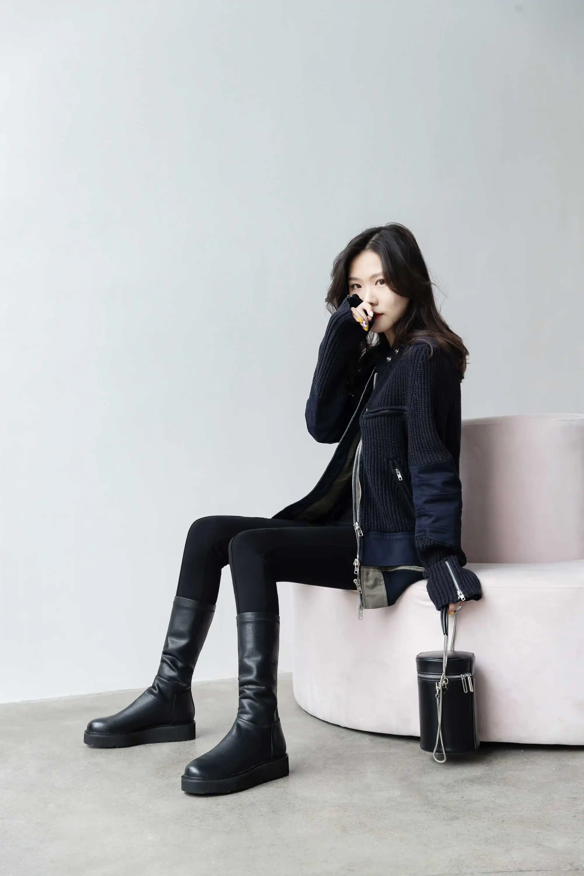 Krazing Pot Internet star streetwear stretch boots round toe med heels black colors daily wear women warm thigh high boots L9f2