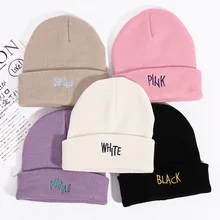 Однотонные Повседневные вязаные шапки-бини унисекс с вышитыми буквами, осенняя и зимняя мягкая теплая вязаная шапка для женщин и мужчин, хип-хоп кепка с черепом