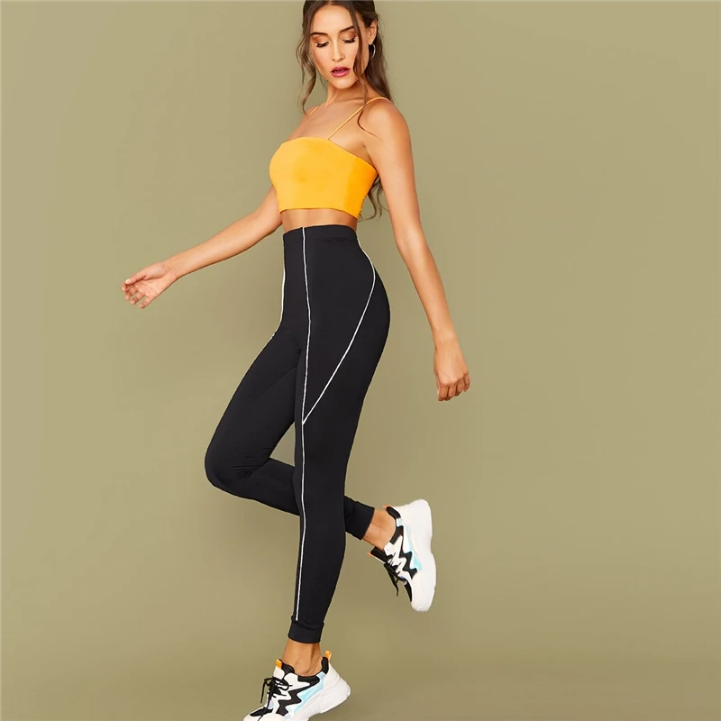 SweatyRocks черная контрастная Привязка леггинсы активная одежда женские облегающие леггинсы повседневные уличные легинсы