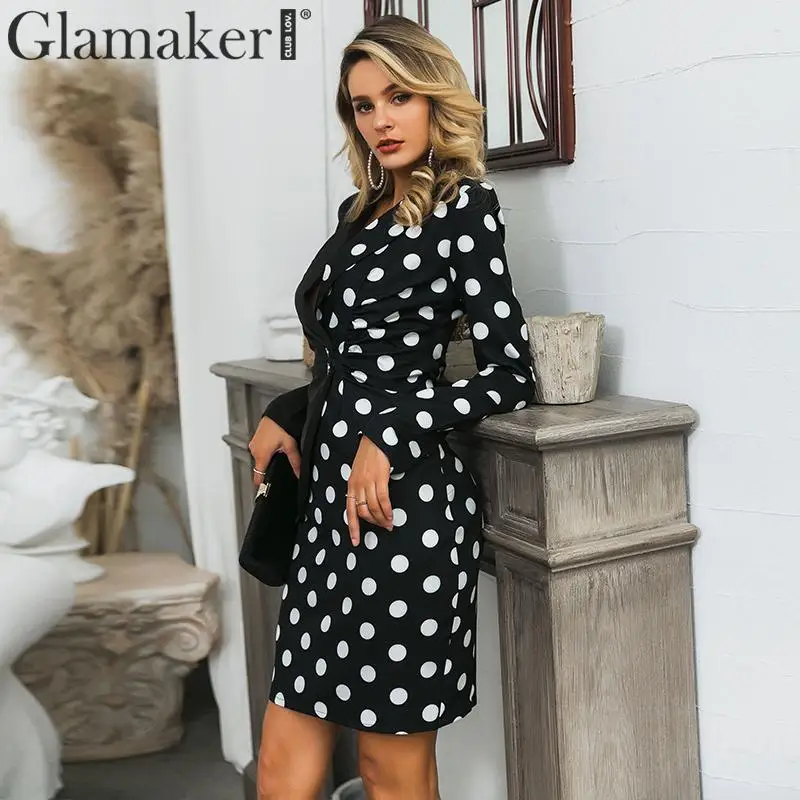 Glamaker платье-блейзер в горошек в стиле пэчворк, женское осеннее офисное элегантное шикарное платье, зимнее сексуальное платье-блейзер с длинным рукавом и пуговицами