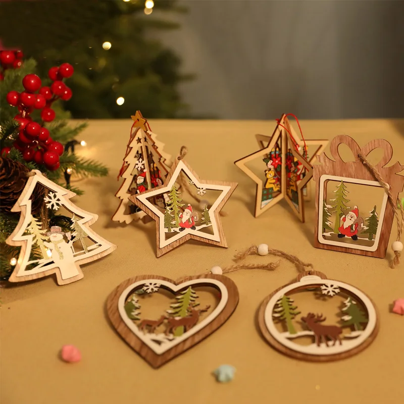 

Santa Claus Deer Natural Wood Christmas Tree Ornaments Pendant Hanging Gifts Xmas Decor Home Party Decorations