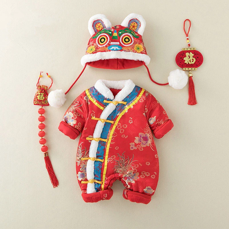 Chinese Traditional Baby one-piece + Tiger Head Hat New Year's Clothing Festive Cute Tang Suit Winter Padded Clothes Thick Warm