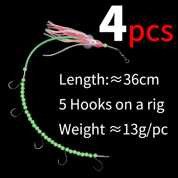 2pcs/4pcs #4 Fishing Lure Bait for Saltwater Luminous Longtail Octopus  Steel Wire Rig Barracuda Eel Small Mackerel Fishing Rig