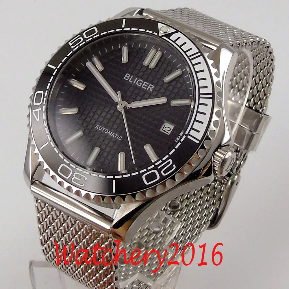 

41mm Bliger Black Dial Luminous Date Ceramic Bezel Sapphire Glass Miyota 8215 Automatic Mens Watch mesh strap