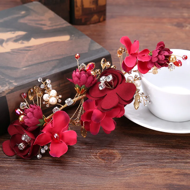 Red flowers wedding toast clothing accessories hair accessories hair accessories wholesale costume bride handmade headdress brid
